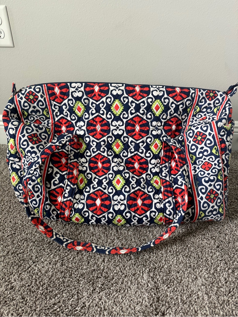 Vera Bradley Navy Quilted Duffel Bag with Red and Lime Floral Medallions
